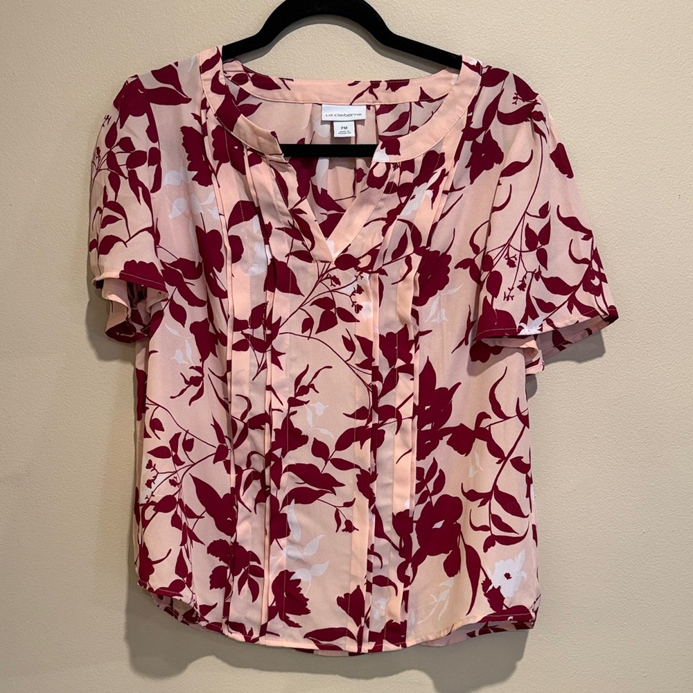 🩵Liz Claiborne Vibrant Pink Red Floral Stylish Vacation Ready Office Casual - Picture 5 of 6